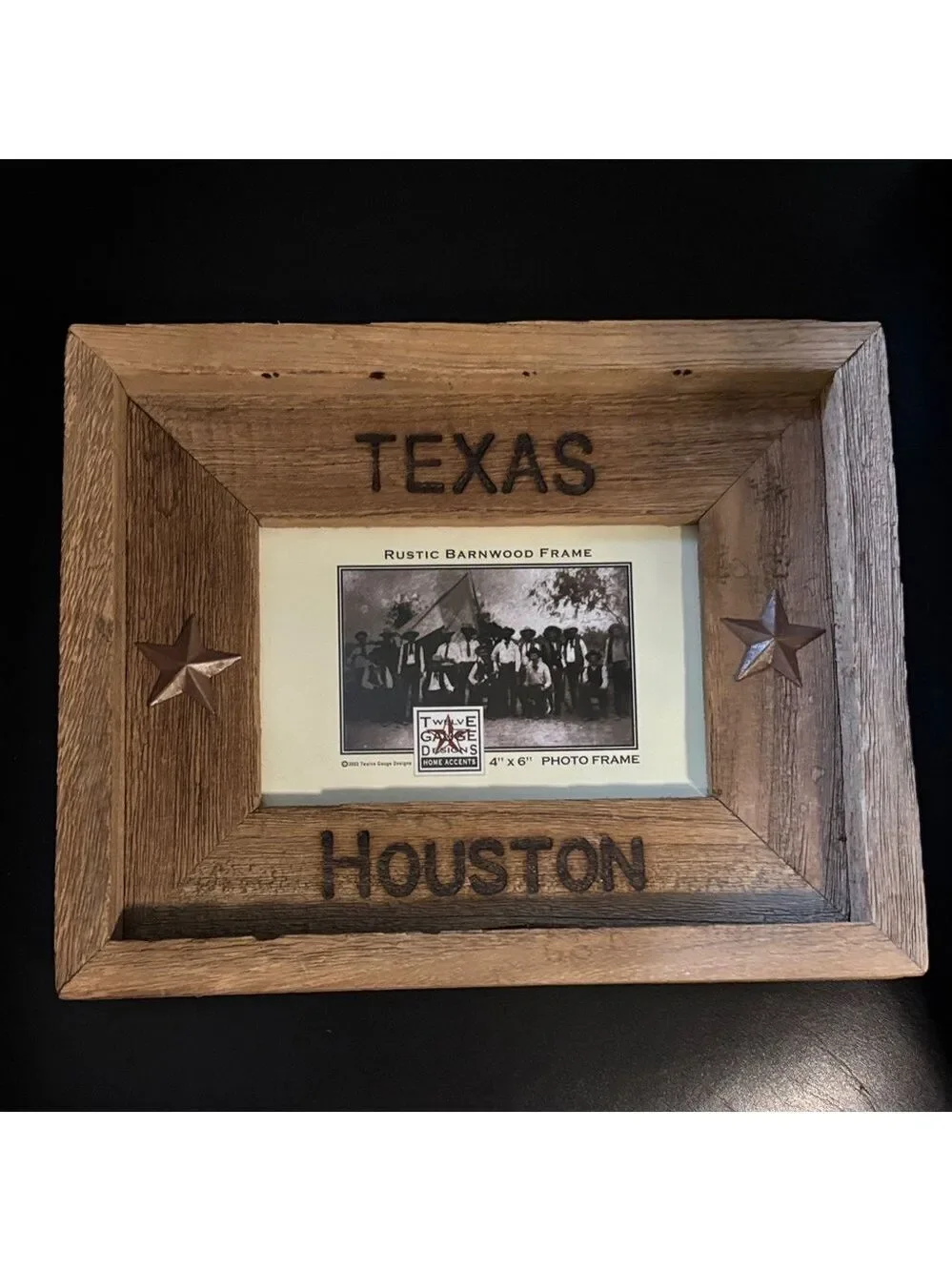 Houston Texas photo frame 4”x 6” home rustic wood stars stamped embossed writing